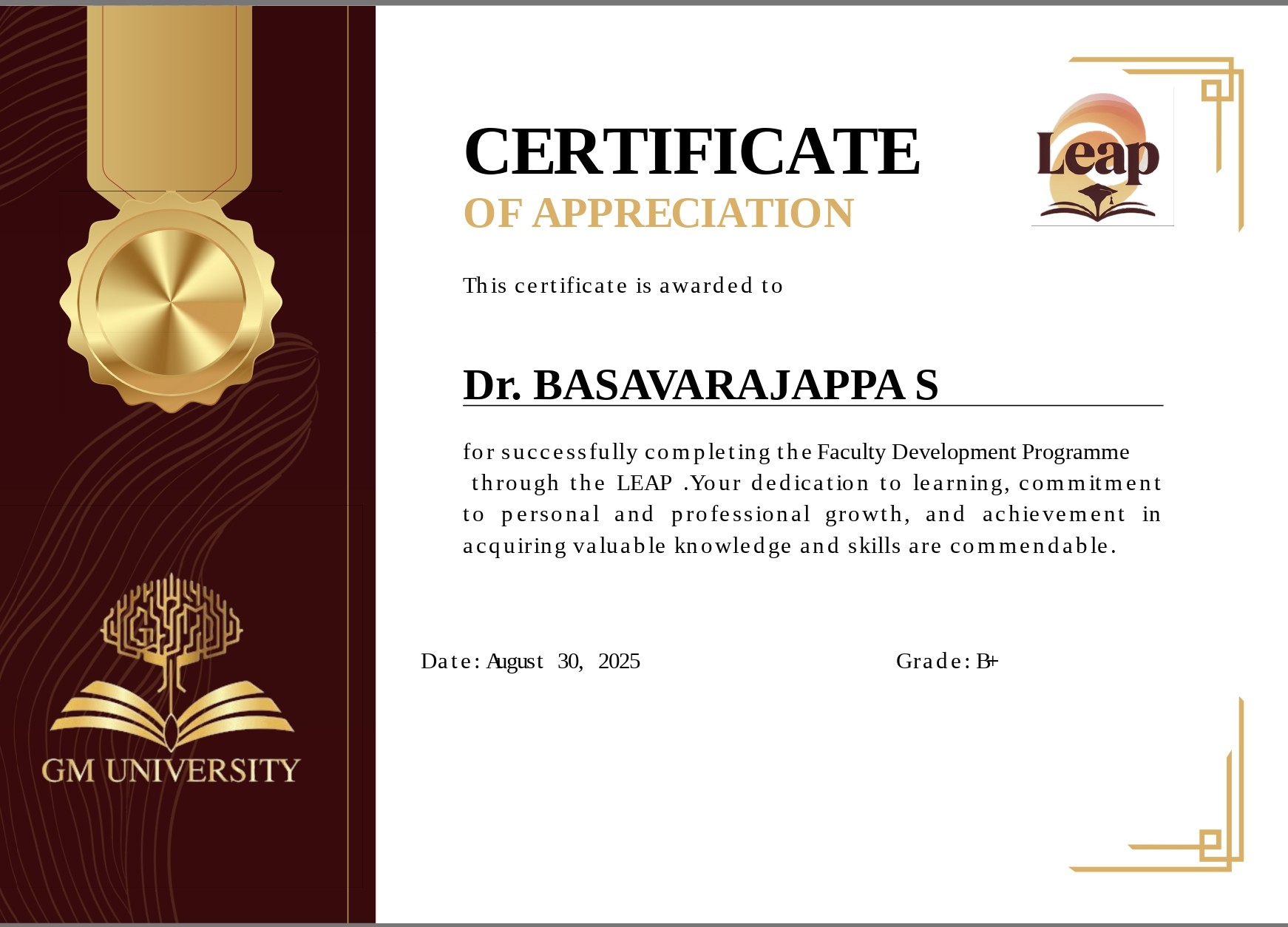 Dr. Basavarajappa S Faculty Development Certificate